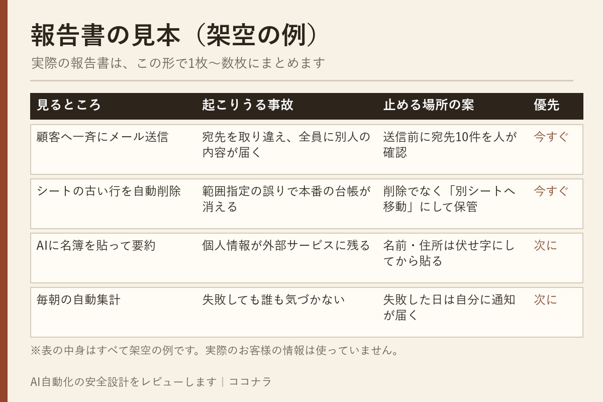 AI自動化の安全設計をレビューします 誤送信・消しすぎ・情報漏えいを「作る前・壊す前」に防ぐ イメージ3