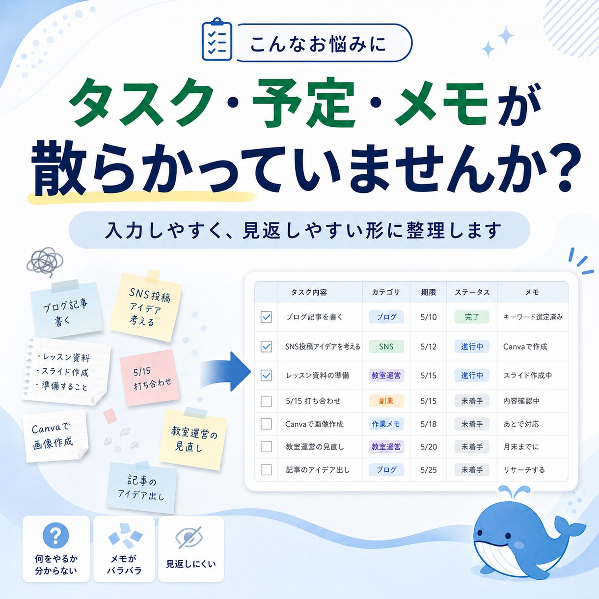 作業やタスクを管理しやすい表に整理します Excel・スプレッドシート管理表を使いやすく整えます イメージ2