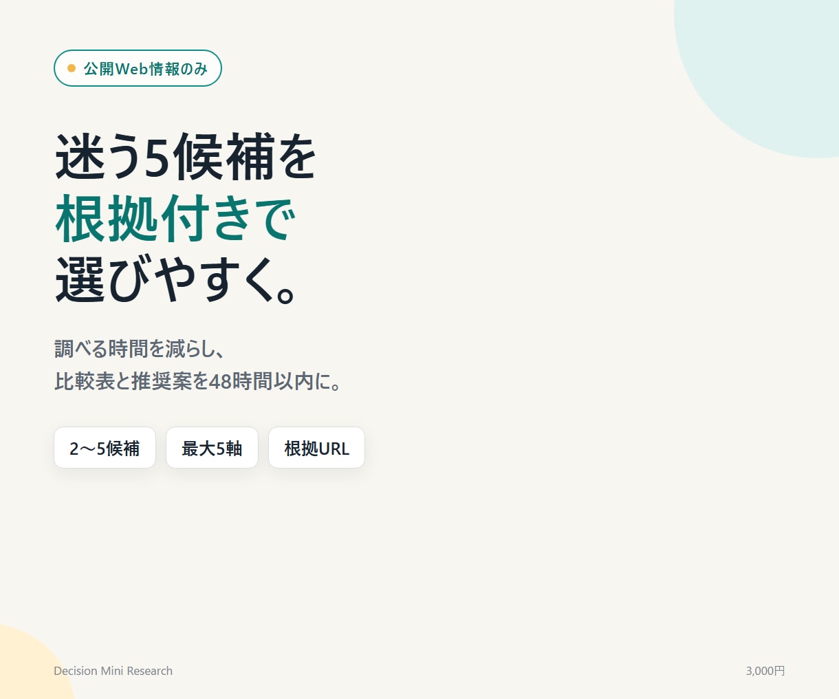 迷う5候補を根拠付きで選びやすくします 調べる時間を減らし比較表と推奨案を48時間で イメージ1