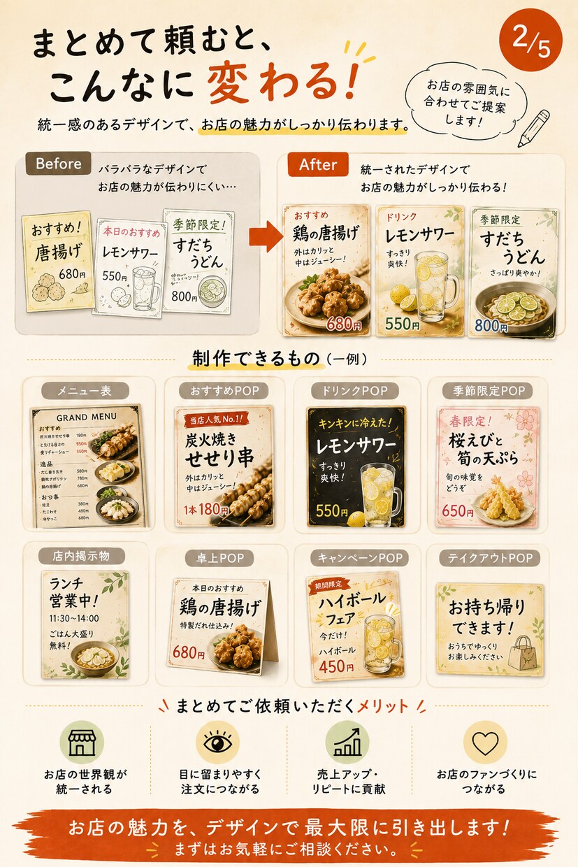 メニュー・POPをまとめてデザインいたします 統一感のあるデザインで、お店の魅力をもっと伝える。 イメージ2