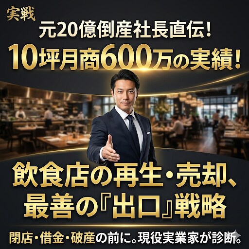 元20億倒産社長｜飲食店の再生・売却相談うけます 10坪600万の実績と不動産知識で、最善の「出口」を提案。 イメージ1