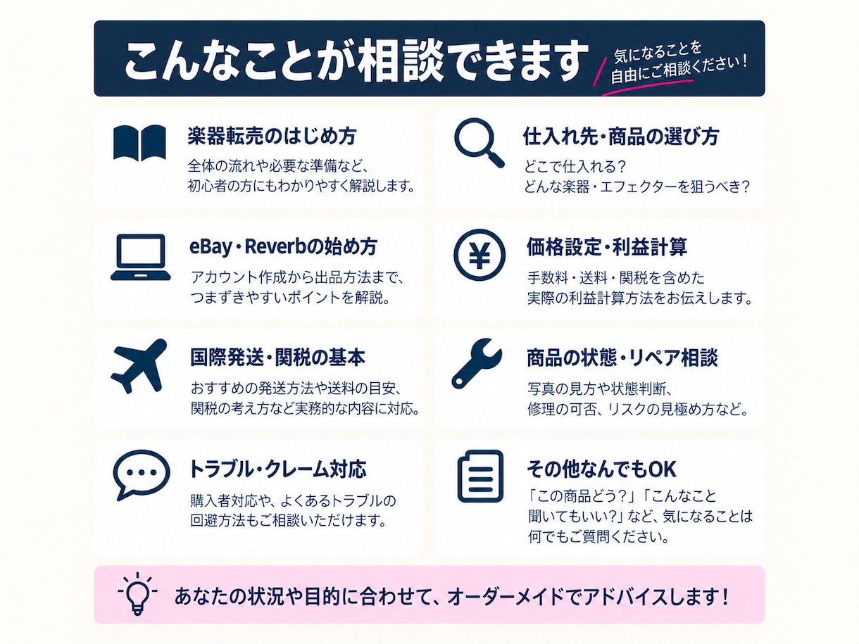 60分で楽器転売・海外販売の疑問を解決します eBay・Reverb・仕入れ・利益計算を実例で相談できます イメージ3