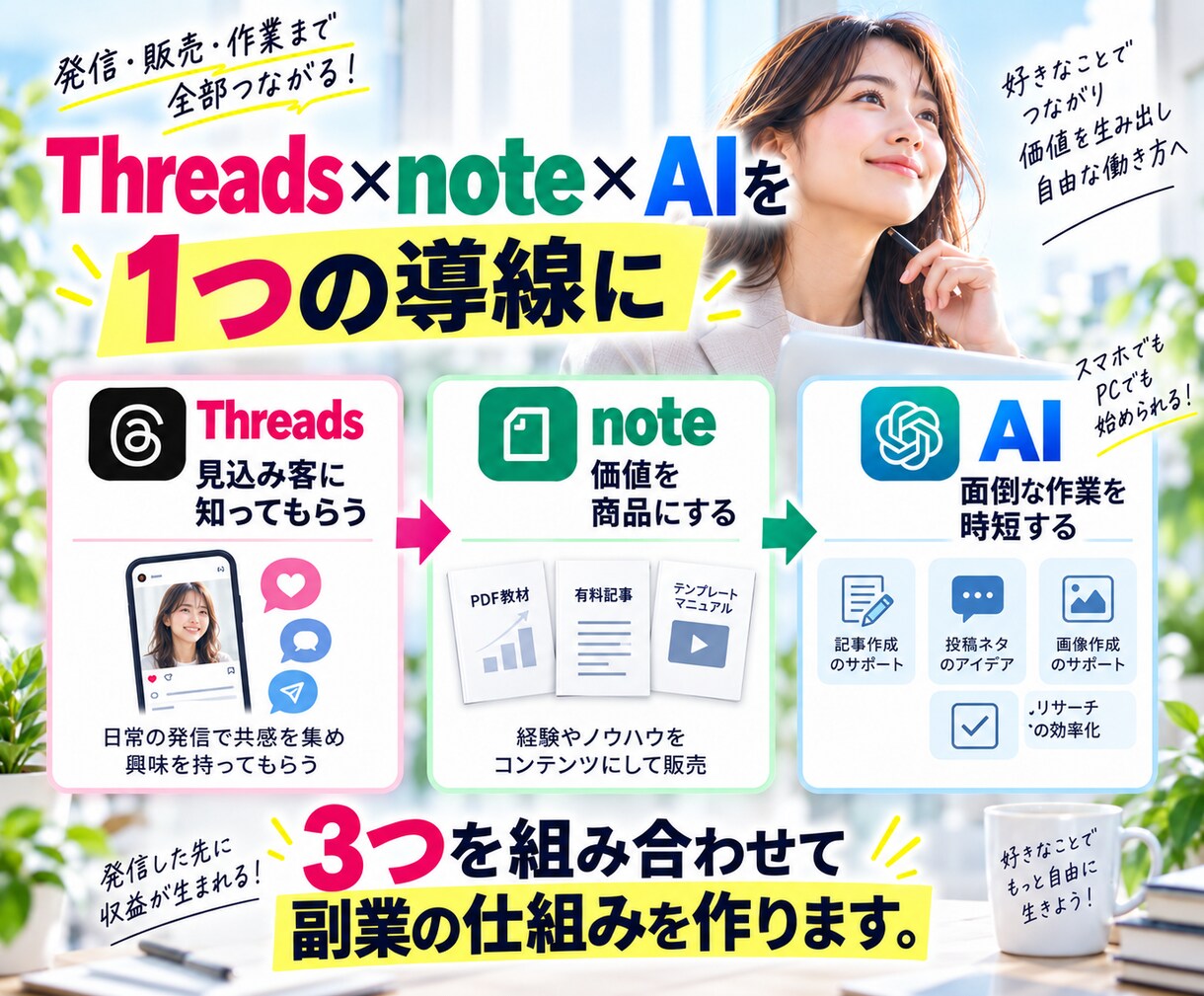 副業迷子の会社員をnote販売まで導線化します Threads×note×AI時短で月5万副業を在宅で目指す イメージ4