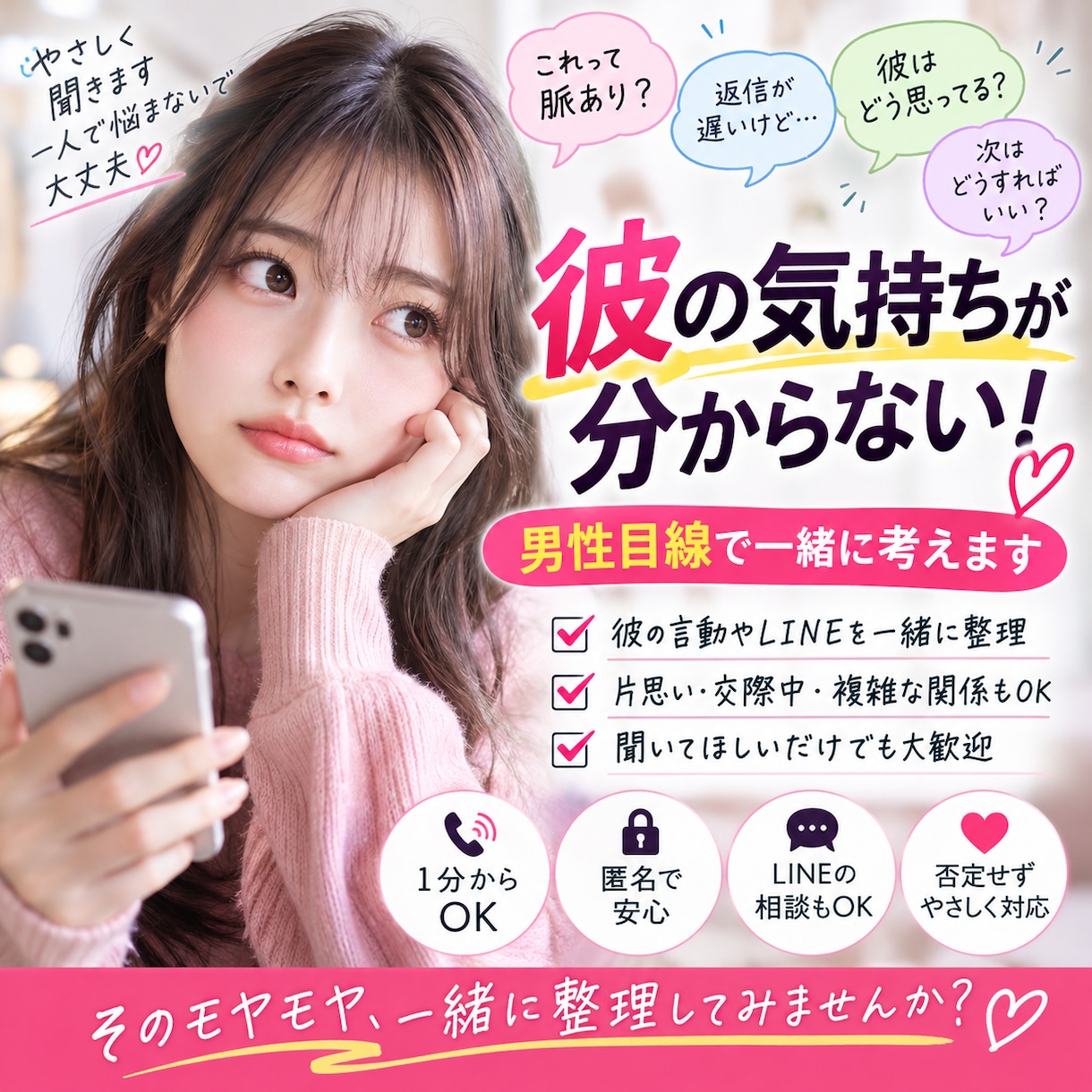 彼の気持ちが分からない！男性目線で考えます 彼の言動やLINEを一緒に整理して男性目線で考えます イメージ1