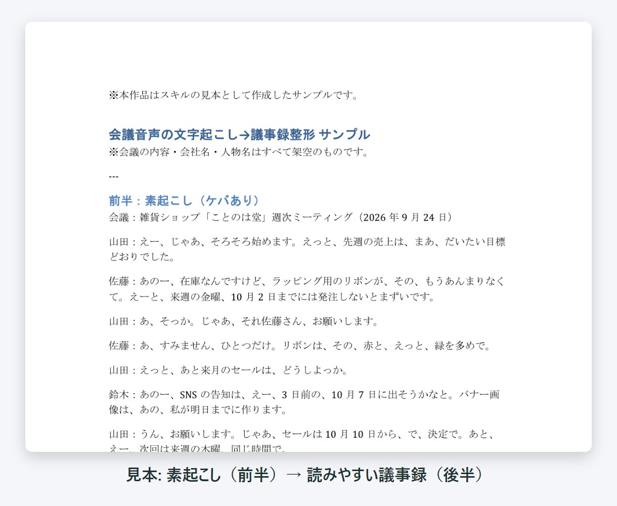 会議やインタビュー音声を読みやすく文字起こしします ケバ取り・話者分け対応。最短3日、守秘厳守で丁寧に イメージ2