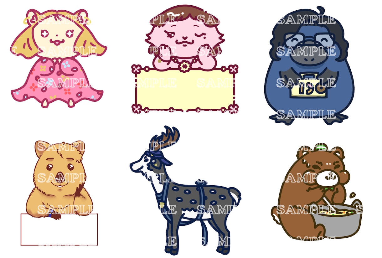 指定の動物や色、服などを元にミニキャラを制作します 独自の視点で特徴を捉えてかわいいキャラクターに仕上げます。 イメージ1