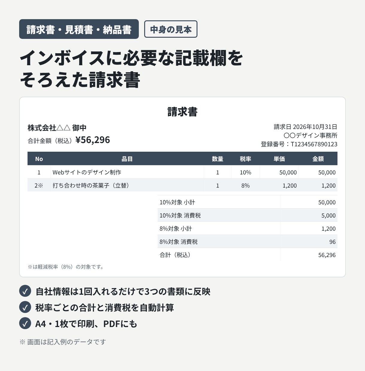 インボイス対応の請求書・見積書テンプレを提供します 数量と単価を入れるだけ｜10%・8%の税額も自動計算 イメージ2