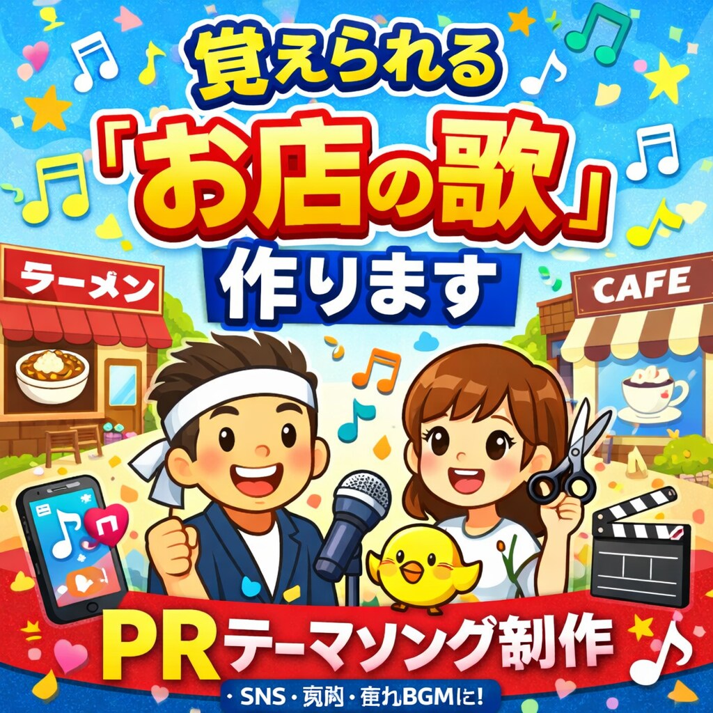覚えられる「お店の歌」（店舗PRソング）作ります SNS・動画・店内BGMで使えるテーマソングを作ります。 イメージ1