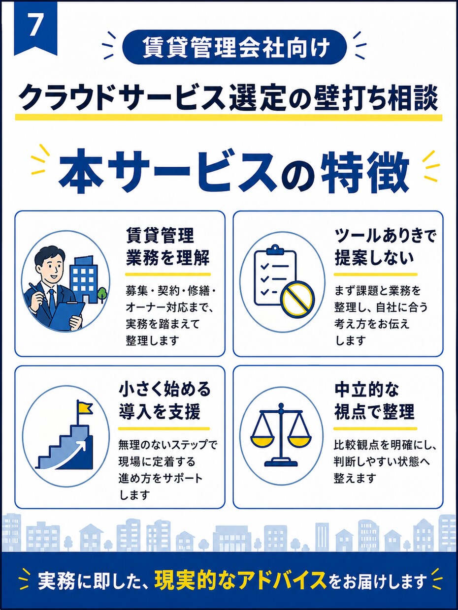 賃貸管理会社向けクラウドサービス選定の相談乗ります 何を選ぶべきか分からない段階から一緒に整理します イメージ7