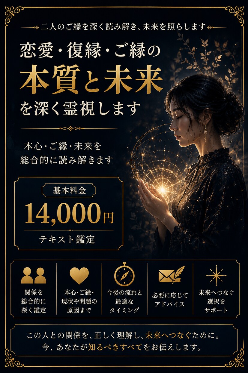 恋愛・復縁・ご縁の本質と未来を深く霊視します 本心・ご縁・未来を総合的に深く読み解きます イメージ1