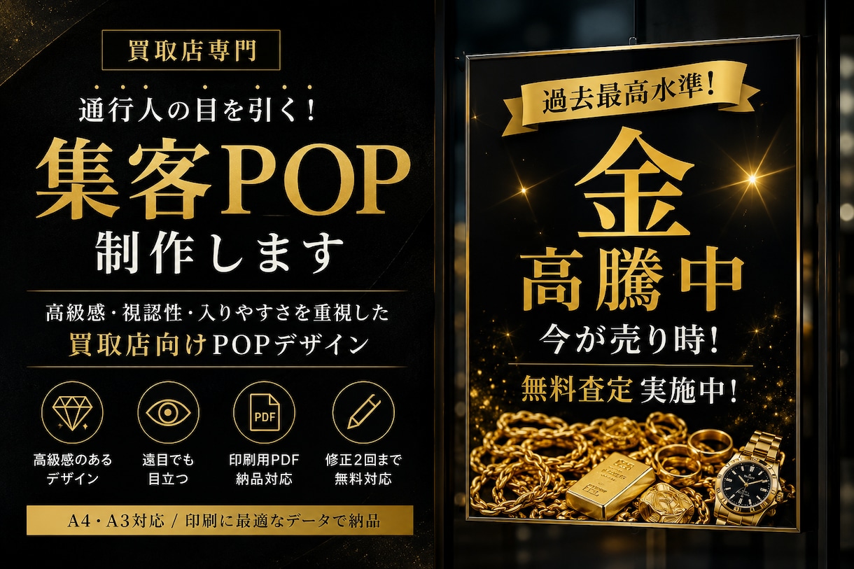 買取店向け|通行人の目を引くPOP制作します 私自身が買取専門店で勤めており、集客しやすいデザインを提供。 イメージ1
