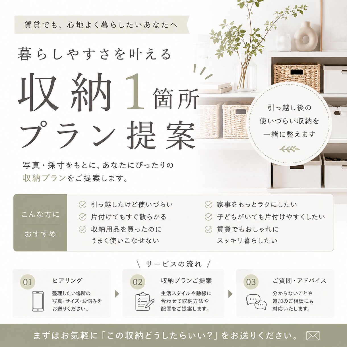 収納1箇所プラン提案します キッチン・洗面台・子ども用品・クローゼット等お聞かせください イメージ1