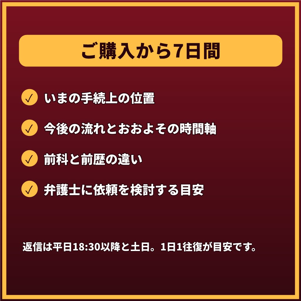 取り調べ・前科が不安なあなたへ7日間応じます 【最長1週間】在宅事件・前歴・会社への影響まで整理 イメージ3