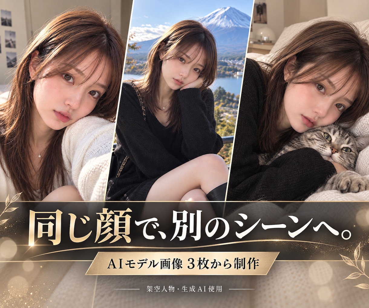 顔を統一した架空AIモデル画像を制作します 同じ人物・同じ世界観でSNS画像を3枚制作 イメージ1