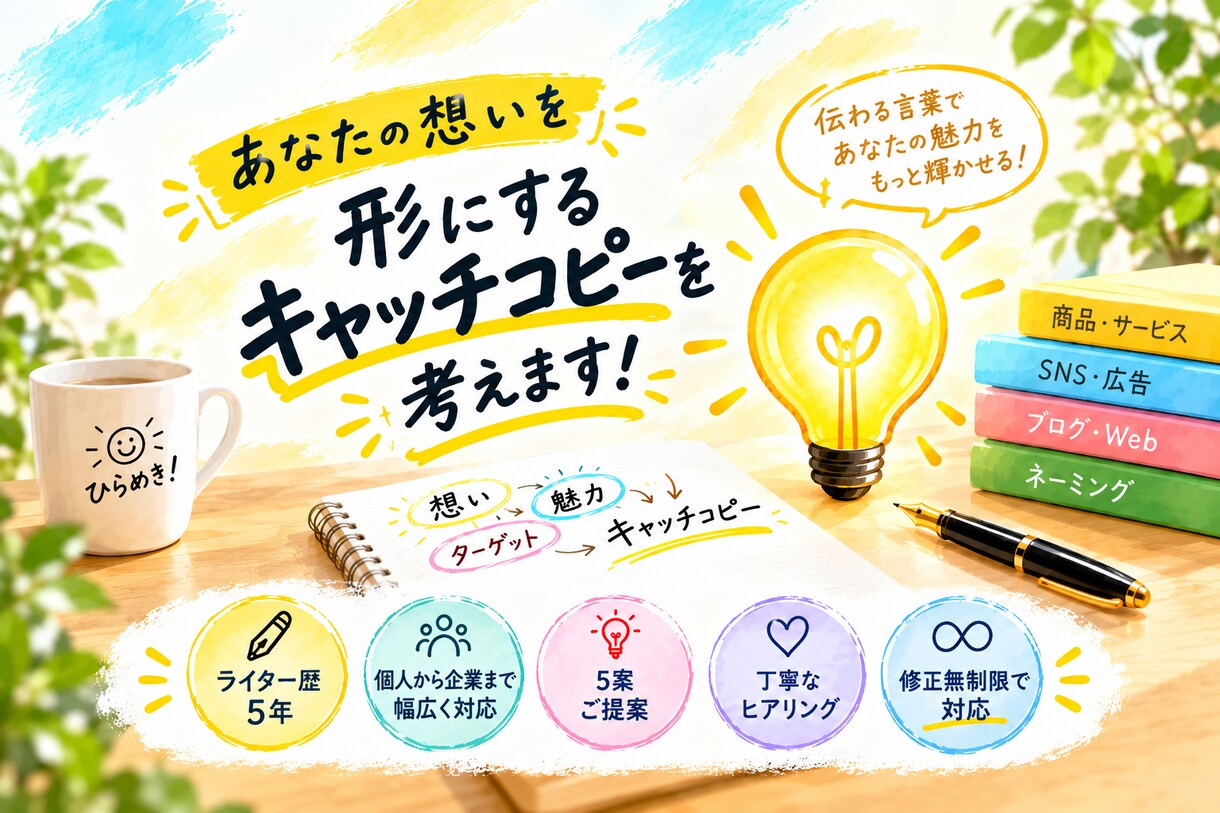 あなたの想いを形にするキャッチコピーを考えます 漠然としたイメージからでもカタチにします！ イメージ1