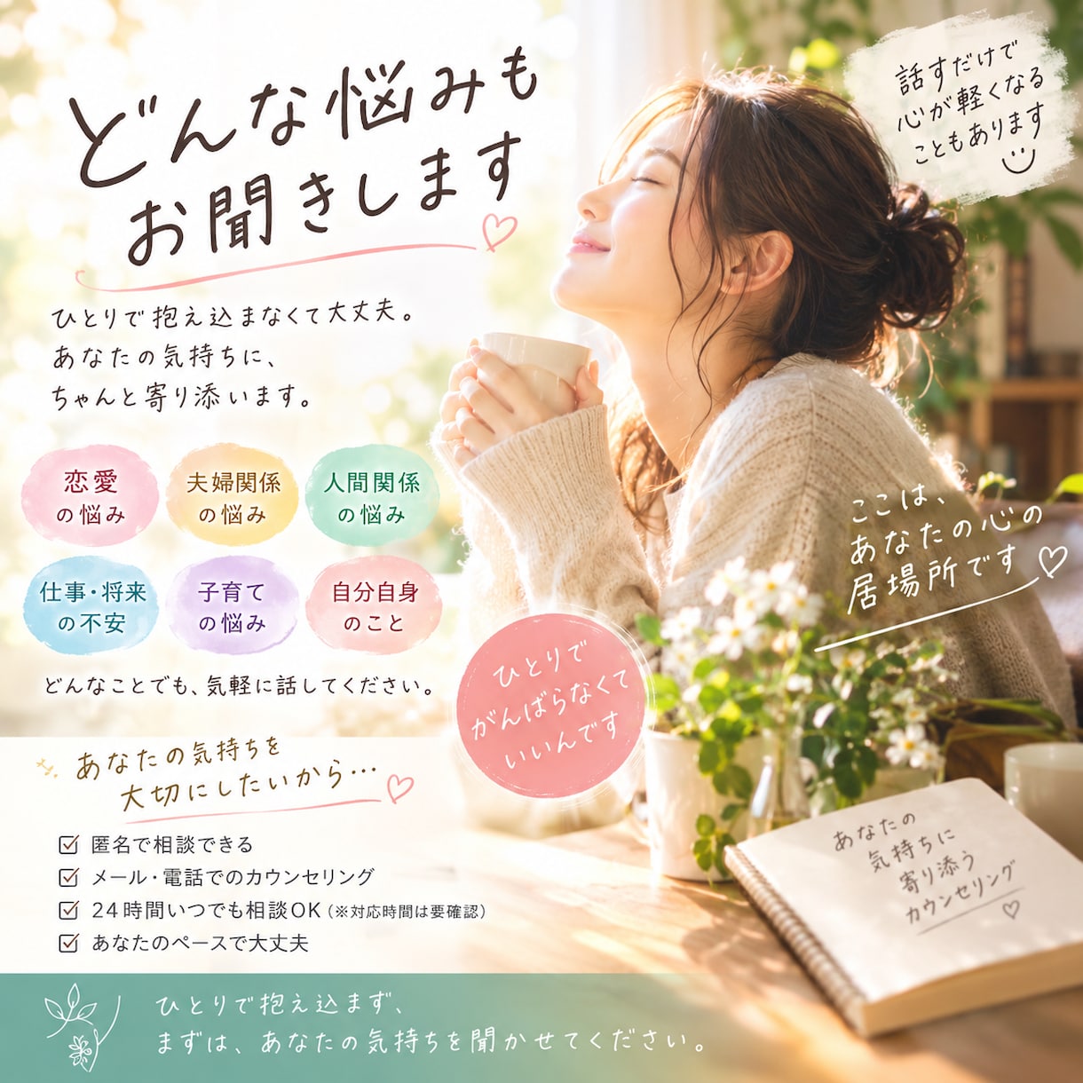 心理カウンセラー見習いがお悩み聞きます 少しでも“今”がお辛い方、頼ってくださいね。 イメージ1