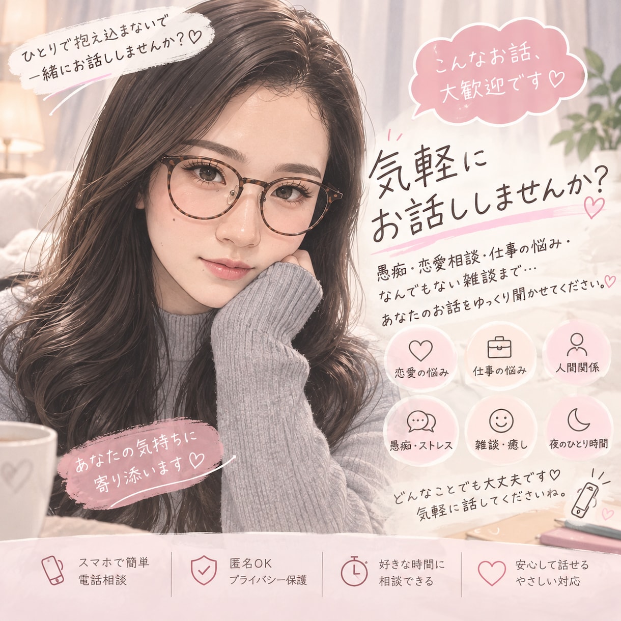 気軽にお電話ください♪愚痴も雑談も聞きます 恋愛・仕事・日常のモヤモヤ、気軽にお話ししませんか？ イメージ1