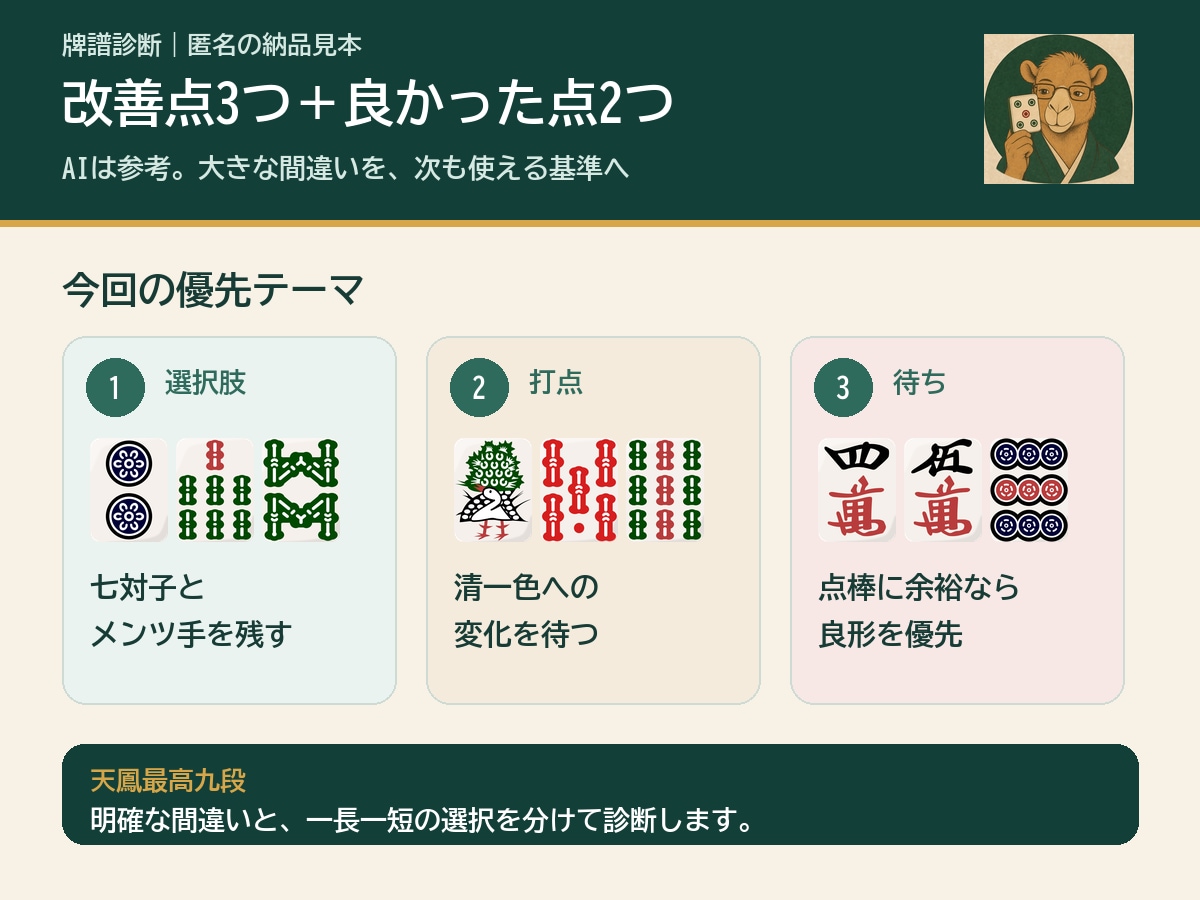 天鳳最高九段が牌譜から改善点を3つに整理します AIも参考に、人の視点で次の課題を明確に イメージ2