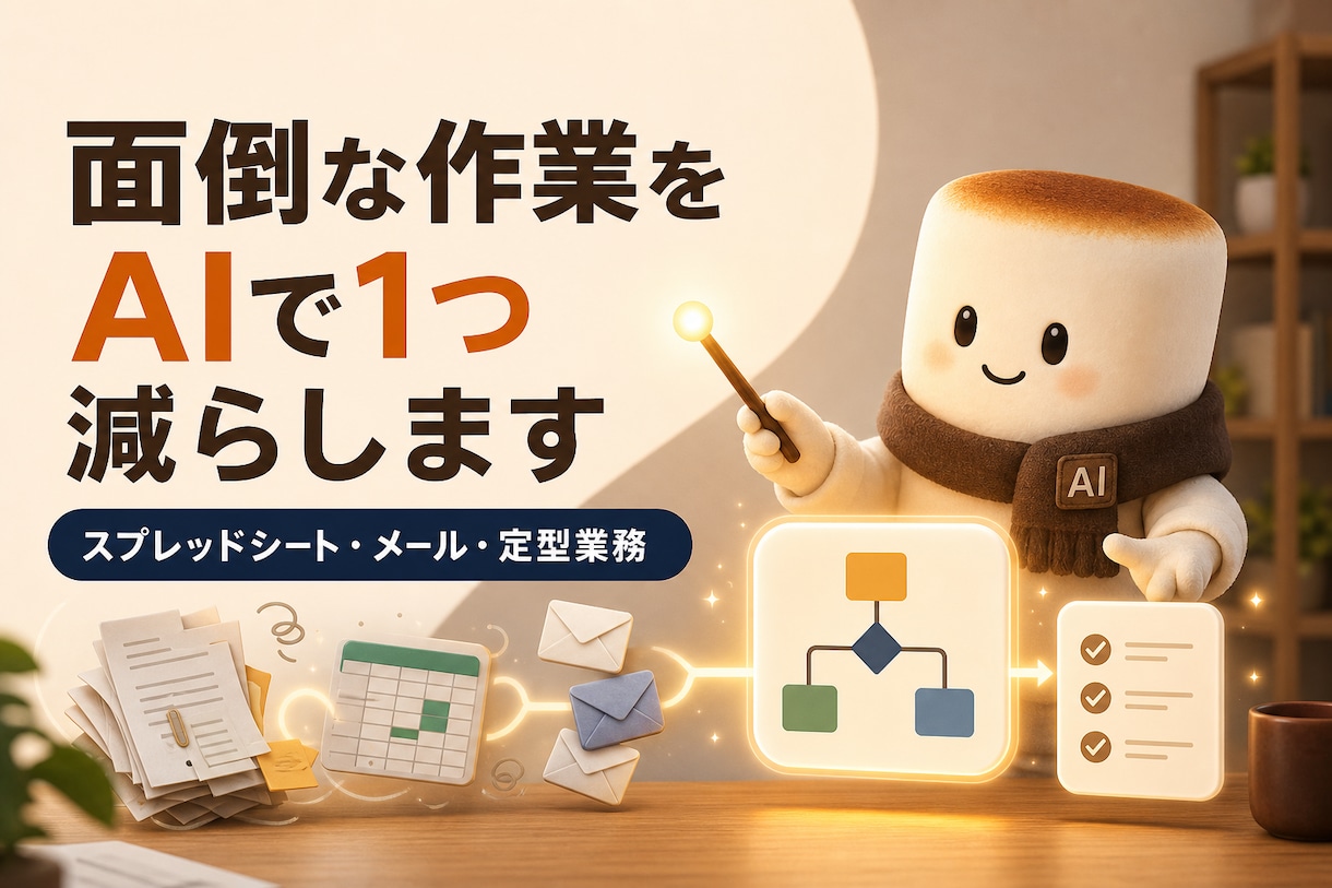 面倒な定型業務をAIで1つ仕組み化します スプレッドシート・メール・集計作業を、続く形に整えます イメージ1