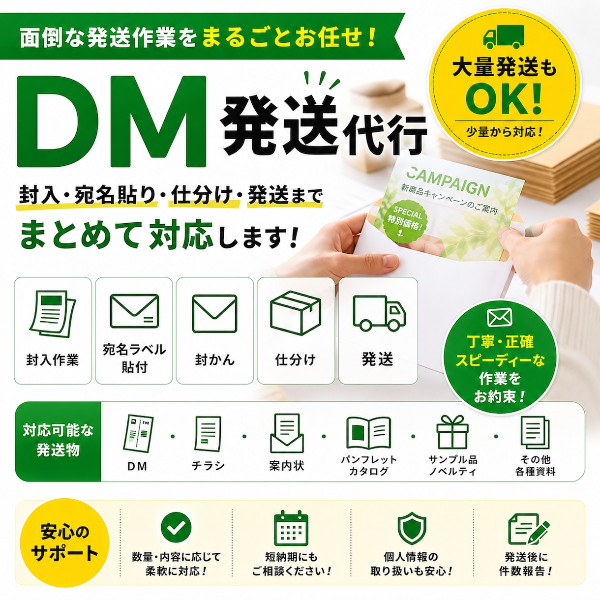 封入・宛名貼り・仕分け・発送までまとめて対応します |DM・チラシ・サンプル品など イメージ1