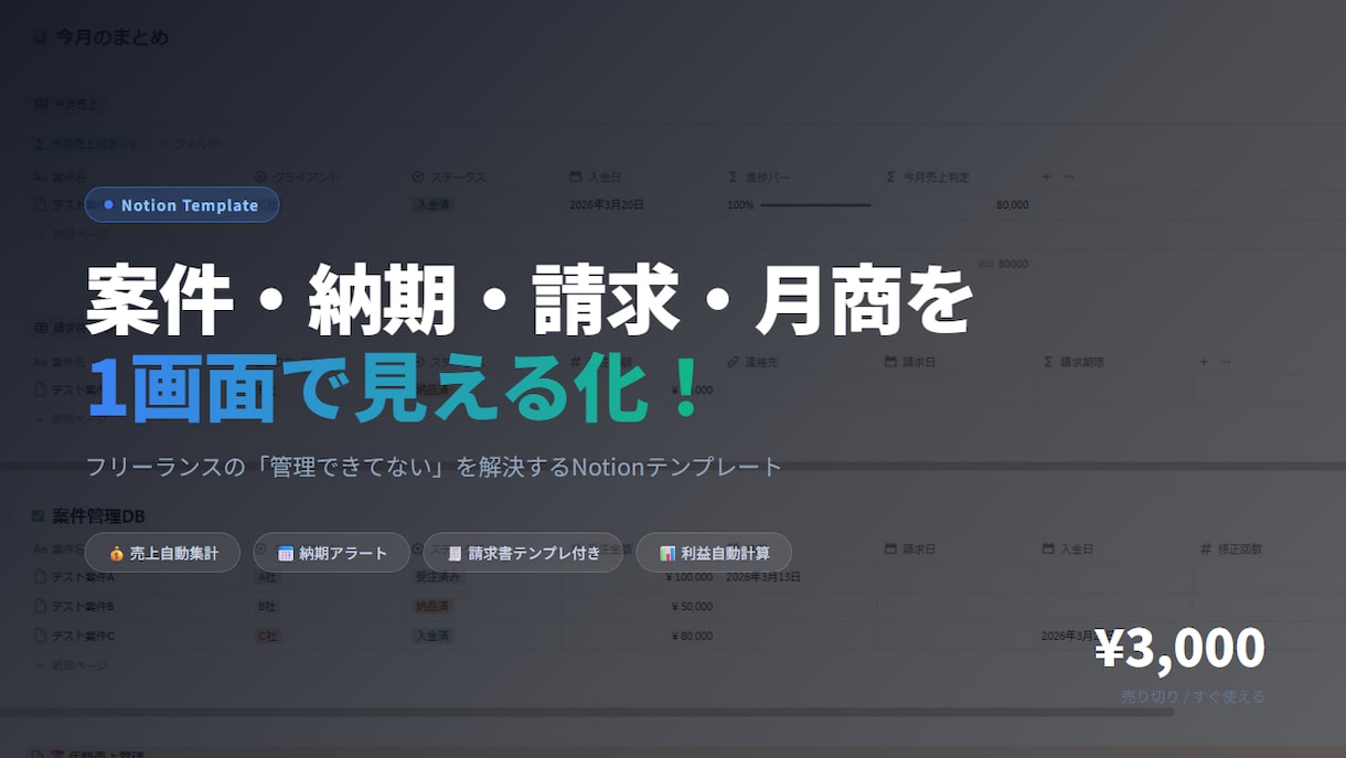 フリーランス向け案件・請求管理を手軽に整えます 案件・納期・請求・月商を1画面で見える化 イメージ2