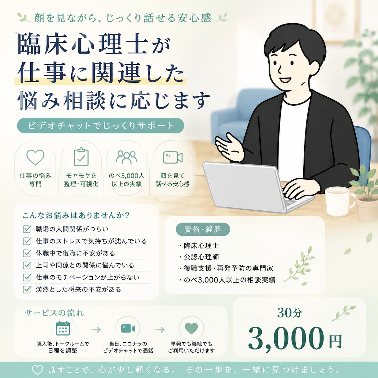 臨床心理士が仕事に関連した悩み相談に応じます 一人で抱えず、顔を見て話してみませんか イメージ1