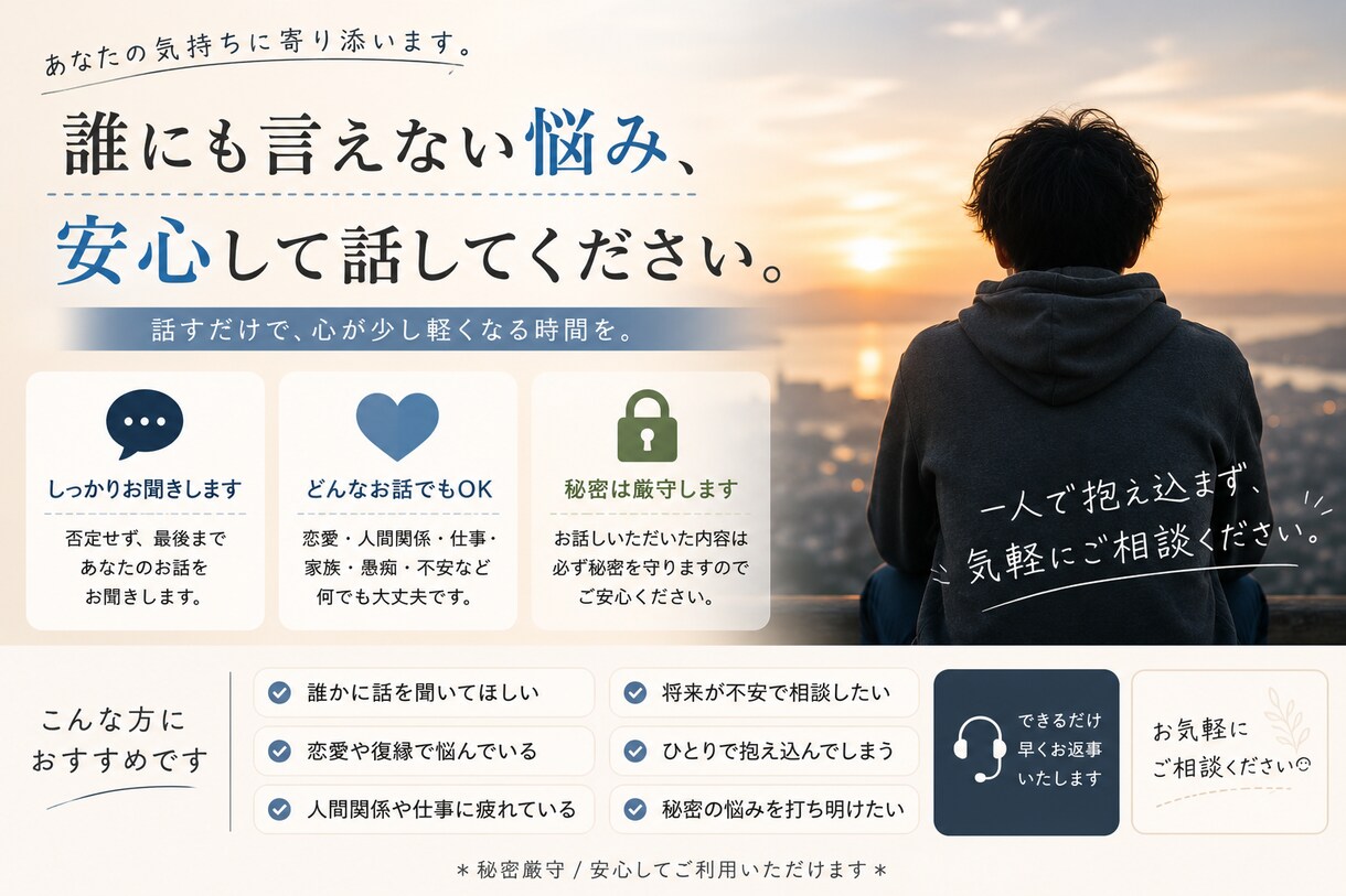 誰にも言えない悩み聞きます 誰かに聞いて欲しい事はありませんか？3時間まで聞けます！ イメージ1