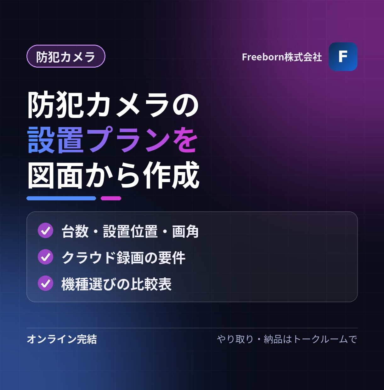 防犯カメラの設置プランを図面から作成します 死角を確認し、台数と位置を工事の前に決める イメージ1