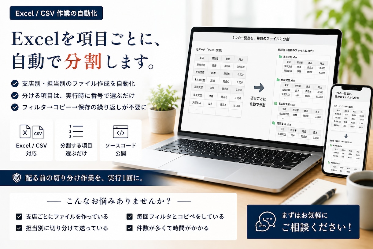 Excelを項目ごとに分割する作業、自動化します 支店別の切り分けを実行1回に。あなたの表に合わせて作ります イメージ1