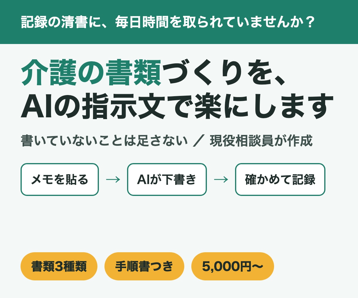 介護の書類づくりを、AIの指示文で楽にします 書いていないことは足さない指示文を、現役相談員が作ります イメージ1