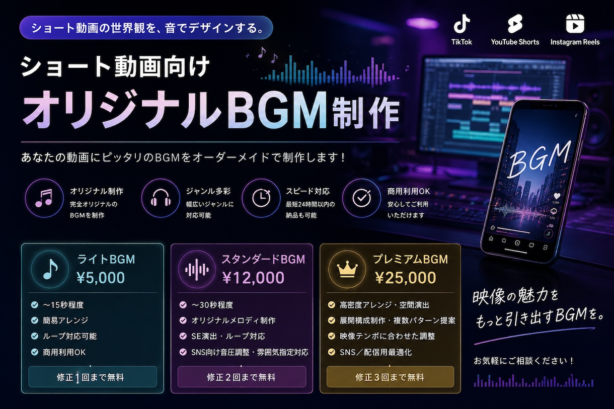 ショート動画向け オリジナルBGM制作致します リールなどで使えるオリジナルBGMを制作します！ イメージ1