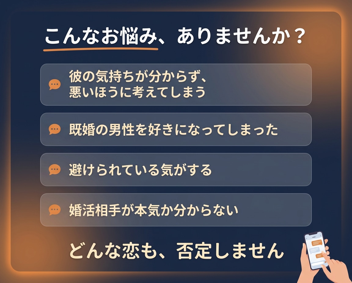既婚44歳が男性の本音を正直にお伝えします 不倫も片思いも否定ゼロ。優しく受け止め、本音でお答えします イメージ2