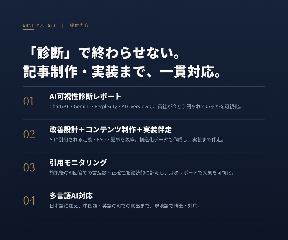 生成AIに引用される会社へ LLMO診断〜実装ます 強固な技術チームのバックアップのもと、元金融記者が実際に執筆 イメージ3