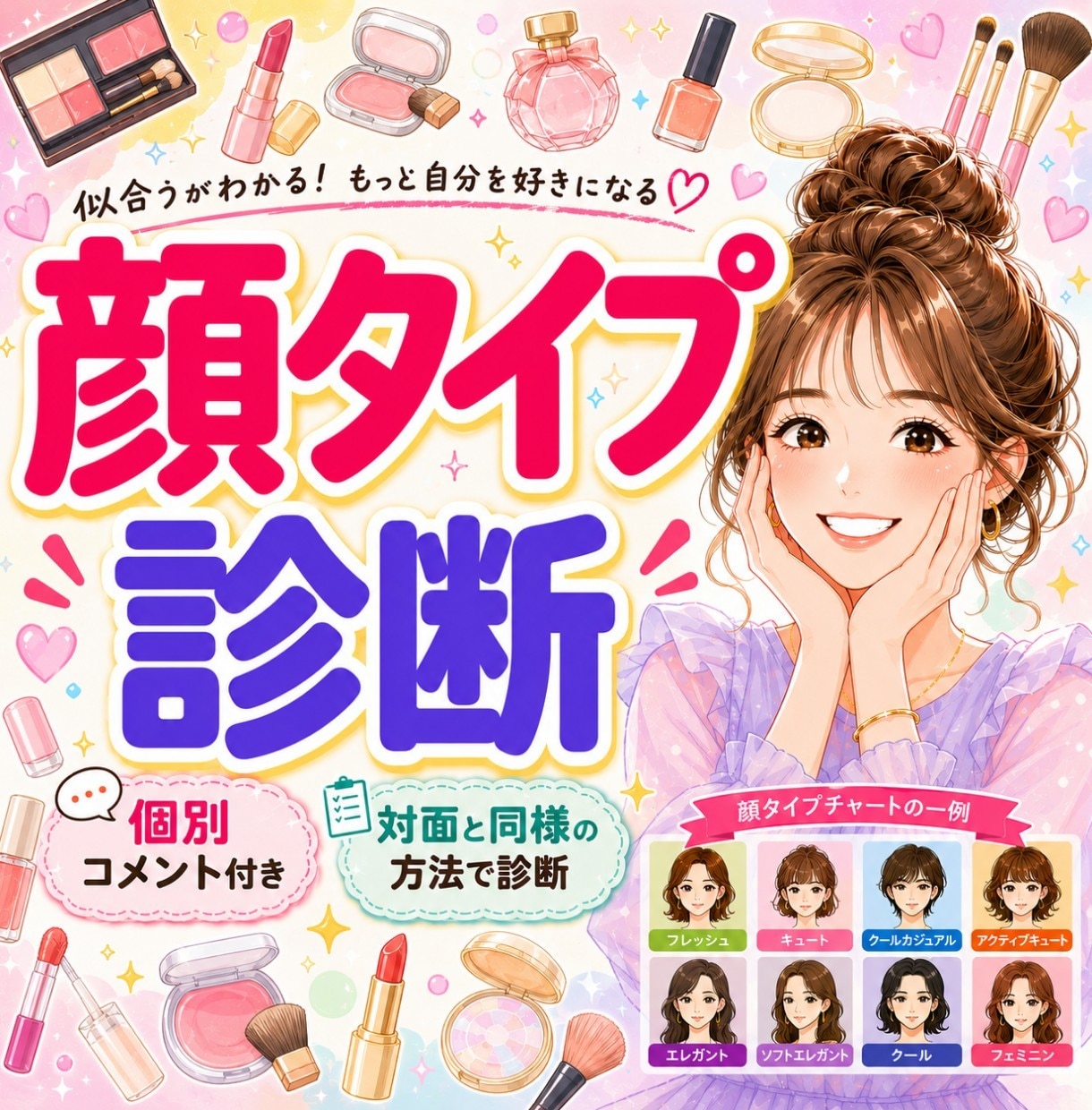 最短当日♥似合うが自信に変わる★顔タイプ診断します 【先着10名様価格】プロの現役スタイリストがスピーディに対応 イメージ1