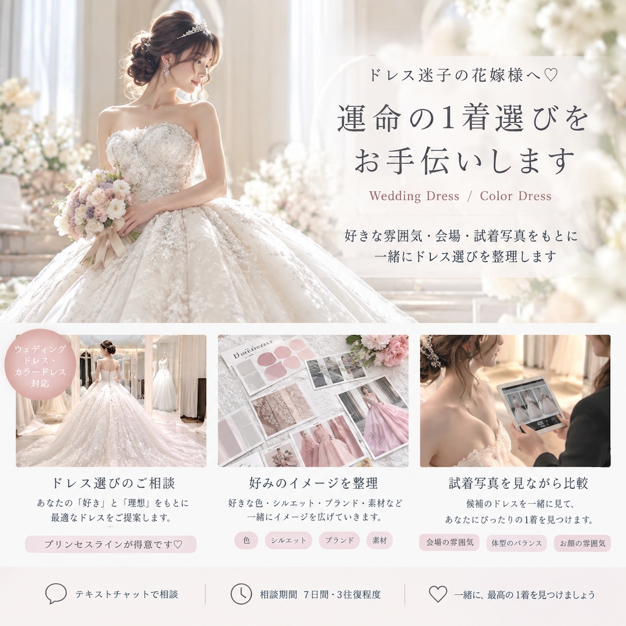 ドレス迷子の花嫁様へ♡運命の1着選びお手伝いします 試着前の不安から、試着後のドレス比較まで一緒に考えます！ イメージ1