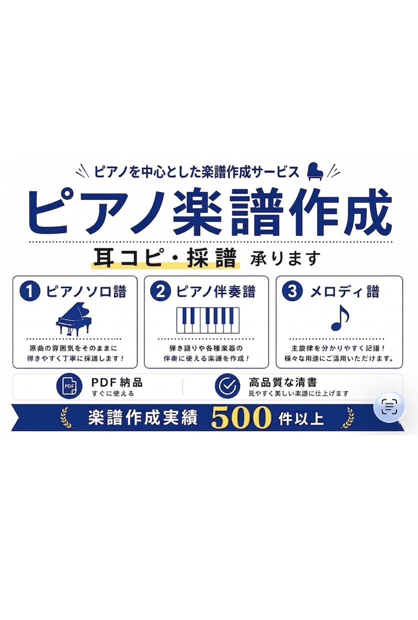 採譜300曲超！ピアニストがピアノ楽譜に起こします 1小節35円〜音源からピアノ曲に耳コピアレンジ！伴奏譜も！ イメージ1