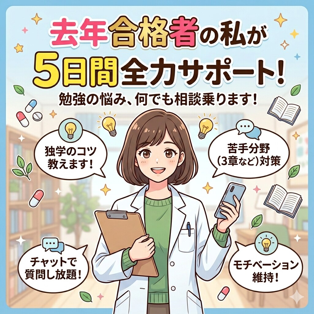 登録販売者試験の勉強、質問・相談乗ります 登販の勉強の悩み・暗記のコツ、5日間サポートします イメージ1