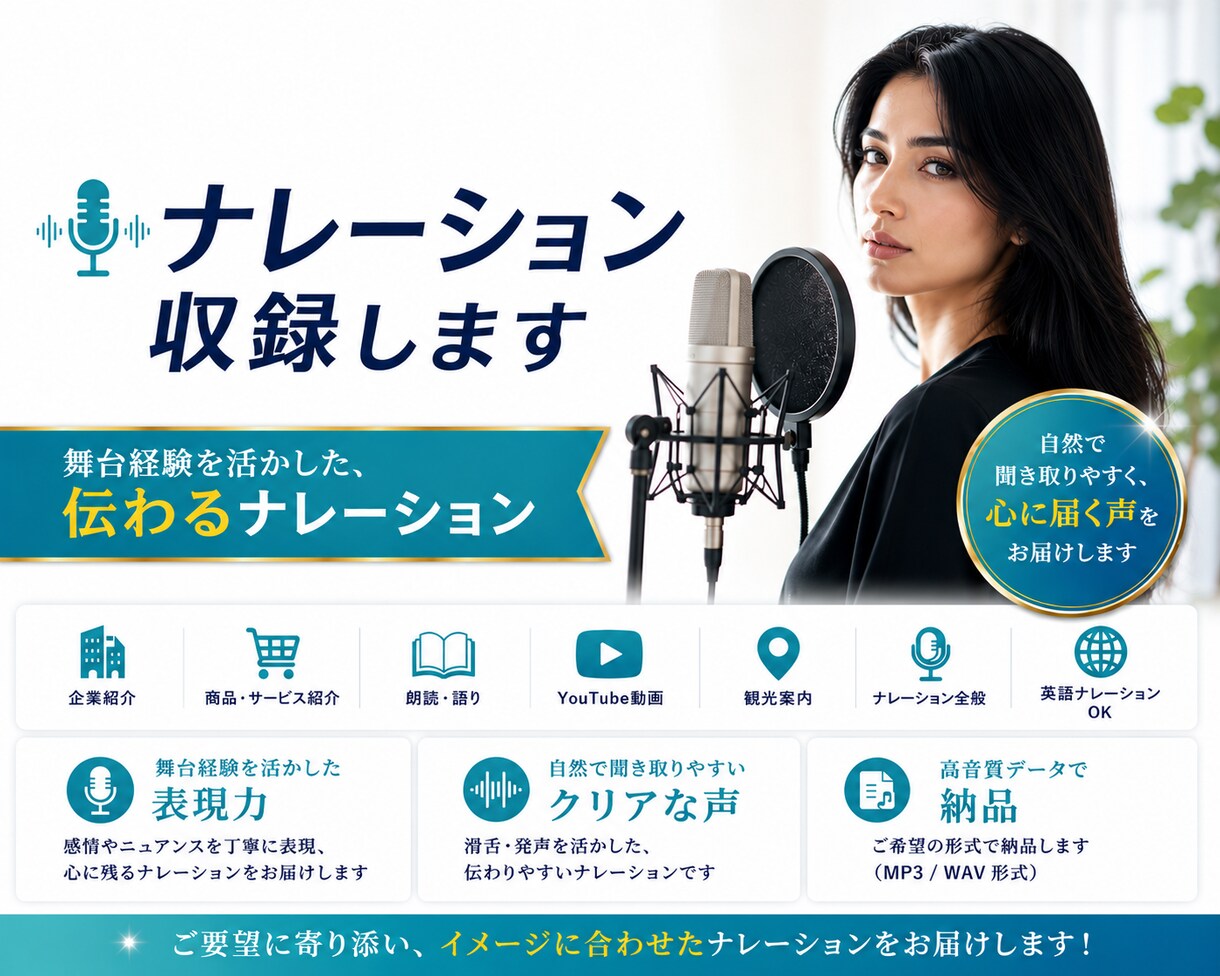 舞台経験を活かした、伝わるナレーションを収録します 即日・翌日対応可能です | まずはご相談ください！ イメージ1
