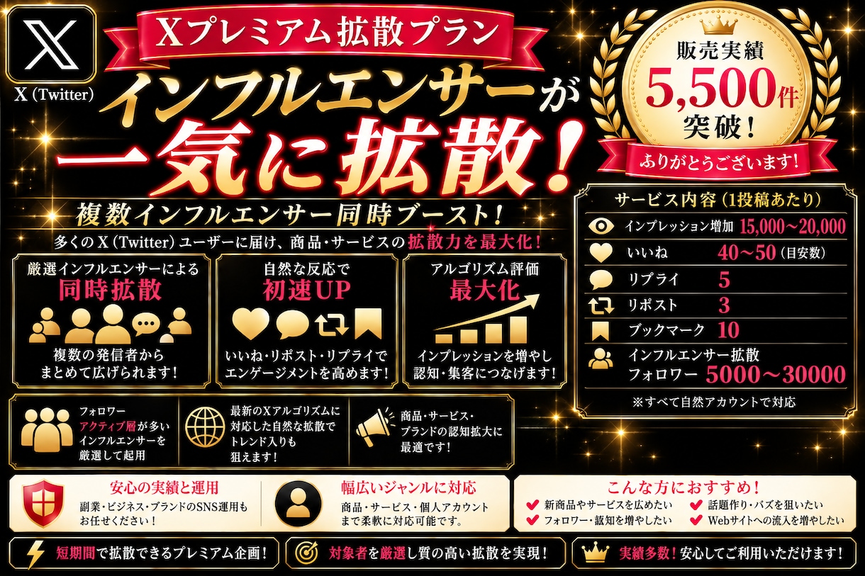 Xプレミアム拡散！インフルエンサーがブーストします インフルエンサーアカウントで一気に拡散！ イメージ1
