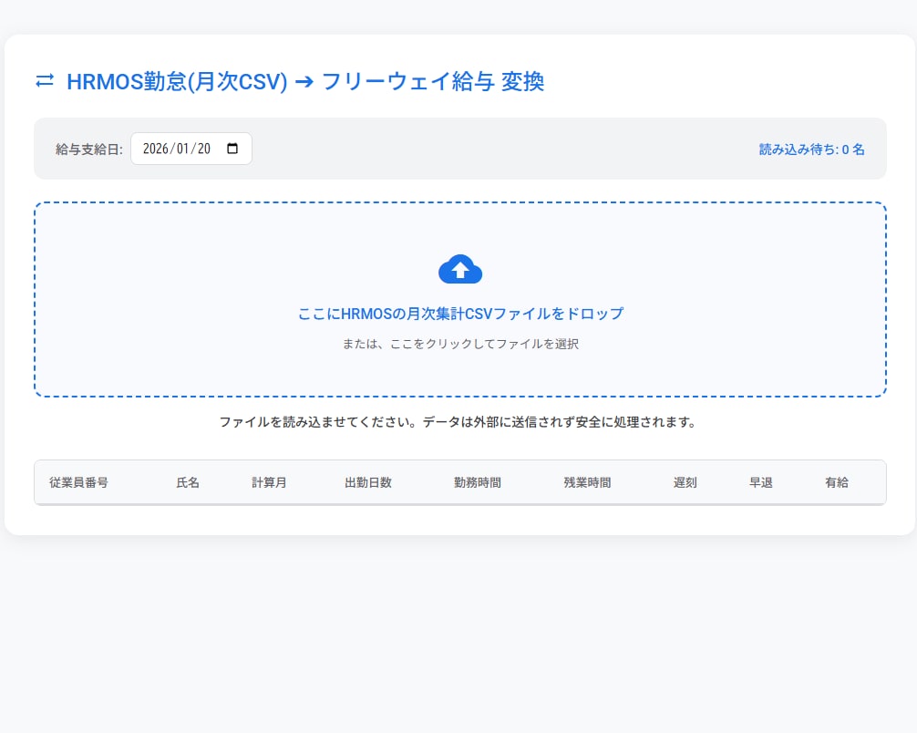 月1,980円で社員30人まで勤怠給与計算できます HRMOS勤怠データをフリーウェイ給与形式へ変換するツール イメージ2