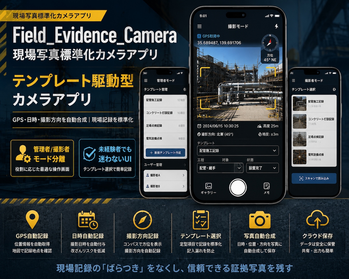現場写真の「ばらつき」をなくす撮影アプリ作ります テンプレート駆動型｜未経験者でも迷わない現場記録カメラ イメージ1
