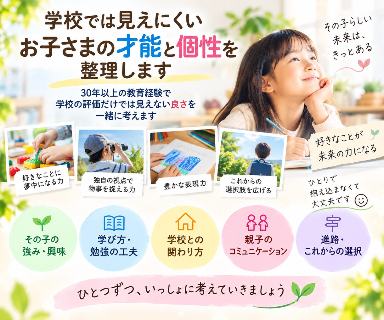 学校では見えにくいお子さまの才能と個性を整理します 元教師30年以上。学校では見えない良さを一緒に整理します イメージ2