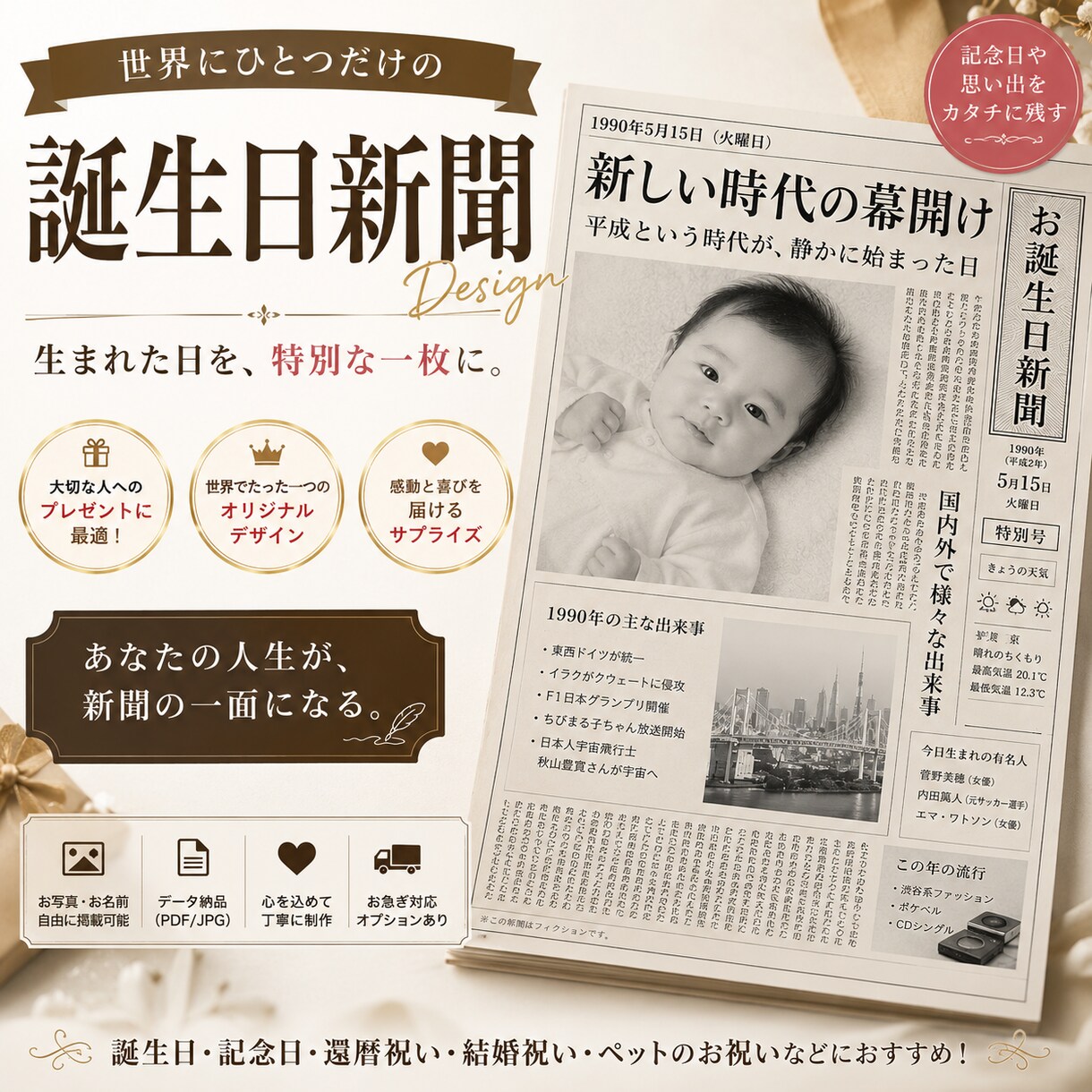世界にひとつだけの誕生日新聞を作成します 生まれた日を、世界にひとつの記念新聞に。 イメージ1