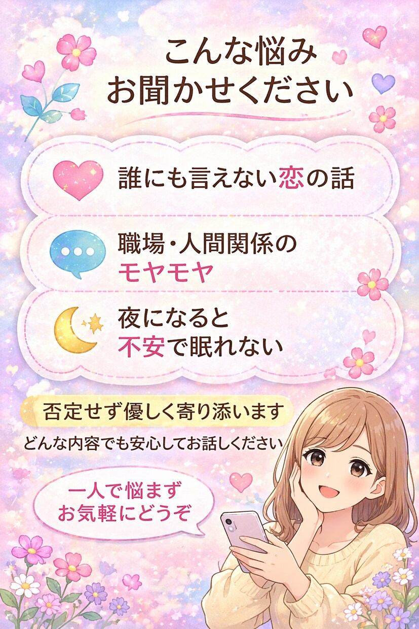 どんな悩みでも優しくお聞きします 誰にも言えない悩み、安心して話せます イメージ2