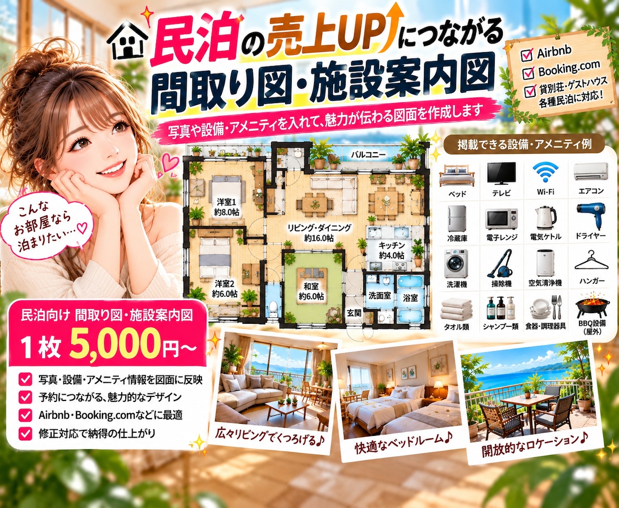 民泊向け間取り図・施設案内図を作成しますます 設備・アメニティも掲載！宿泊者に魅力が伝わる図面を作成します イメージ1
