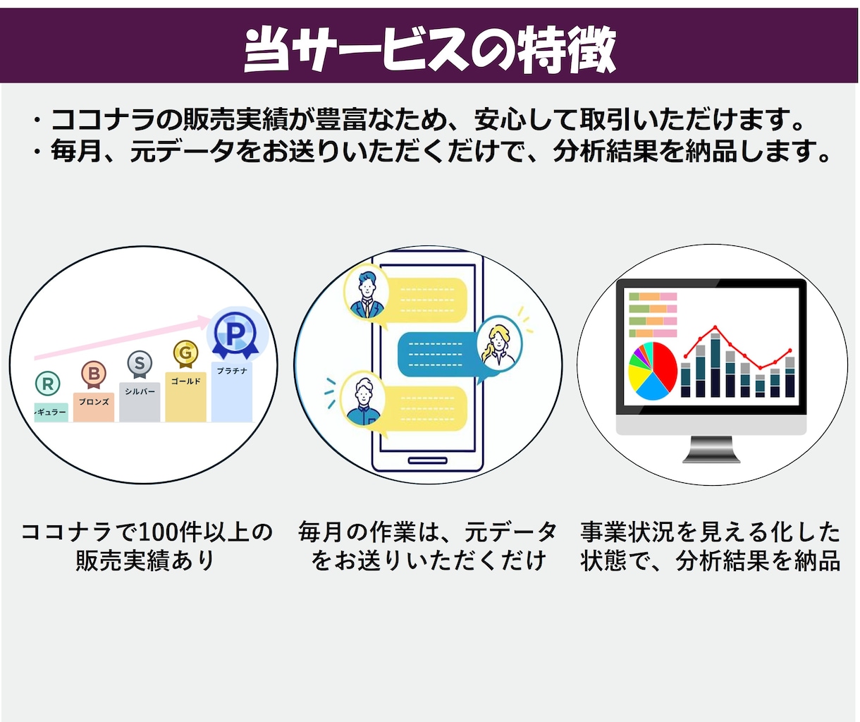 毎月、エクセルの集計・分析を丸ごと代行します データ送付だけで、毎月経営数値が見える化（リピーター限定） イメージ3