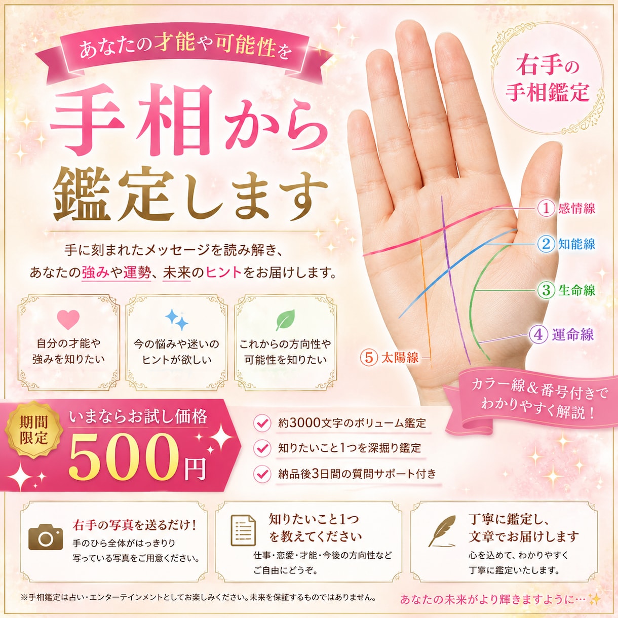 写真からわかるあなたの手相鑑定を丁寧に分析します 手のひらの写真1枚から、手相鑑定させて頂きます。 イメージ1