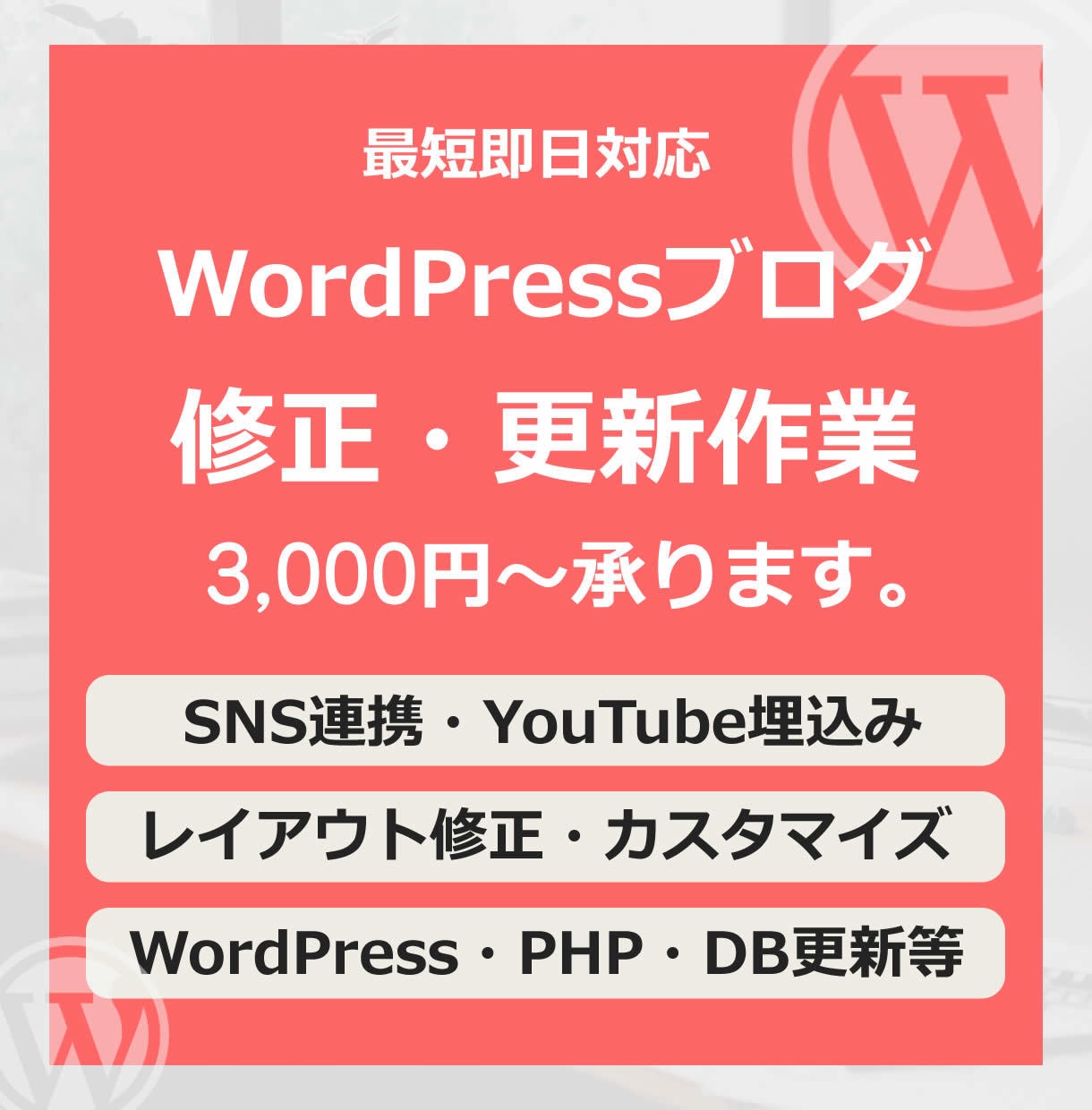 WordPressブログの修正・更新を行います ワードプレスの修正・カスタマイズを最短即日対応！ イメージ1
