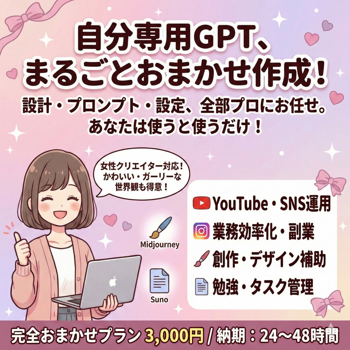 完全おまかせ！用途に合わせた専用GPTを作成します 初期プロンプトから設定文まで全面対応！ イメージ1