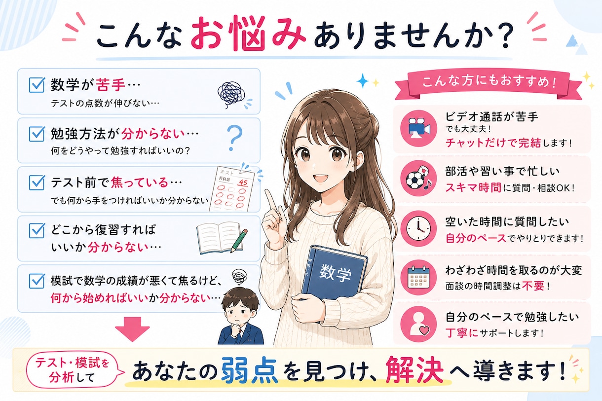 現役医大生が数学苦手単元診断＋2週間サポートします 忙しくても大丈夫。隙間時間に質問・相談できるから続けやすい！ イメージ2